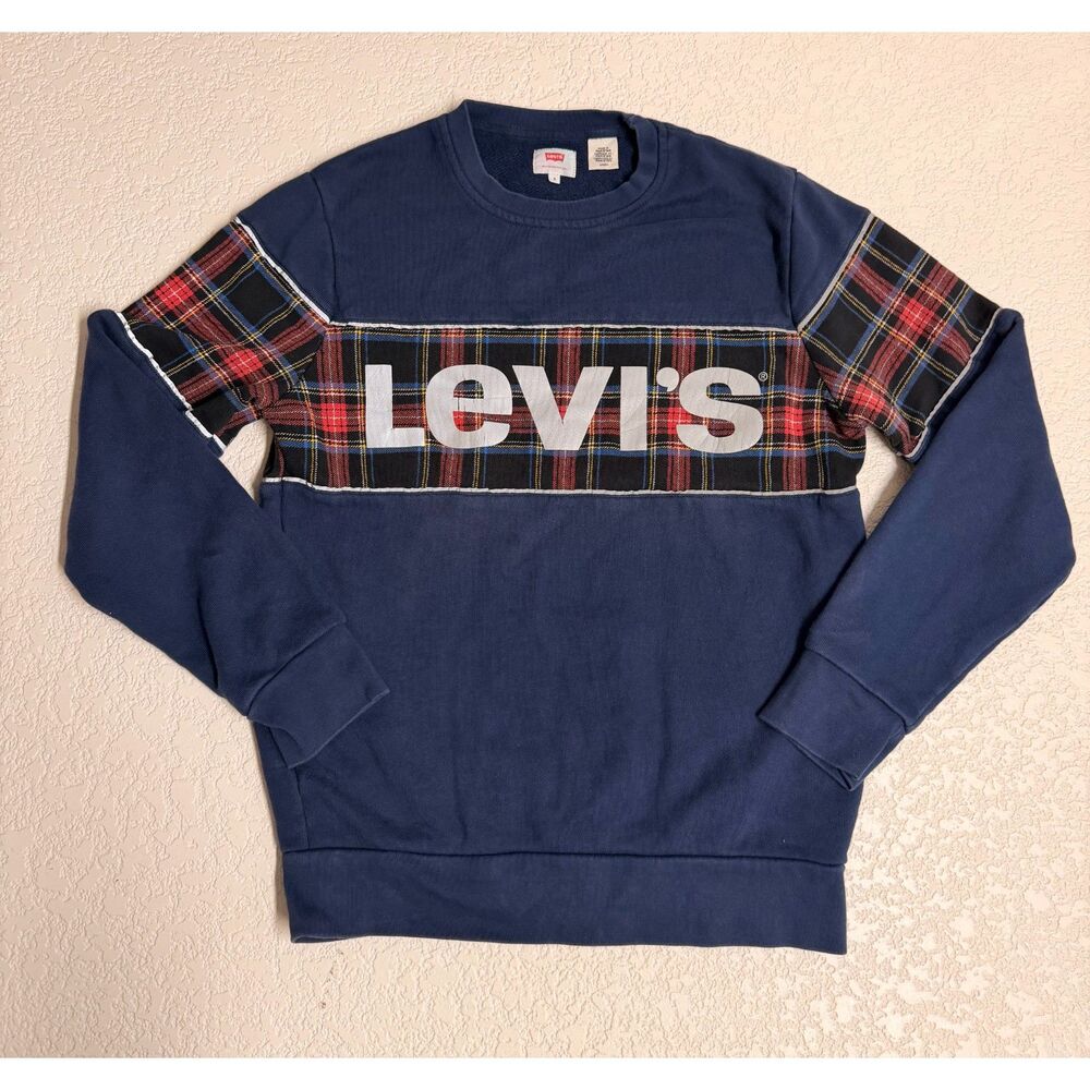 Leviโs Plaid Tartan Logo Crewneck Sweatshirt Navy Womenโs S